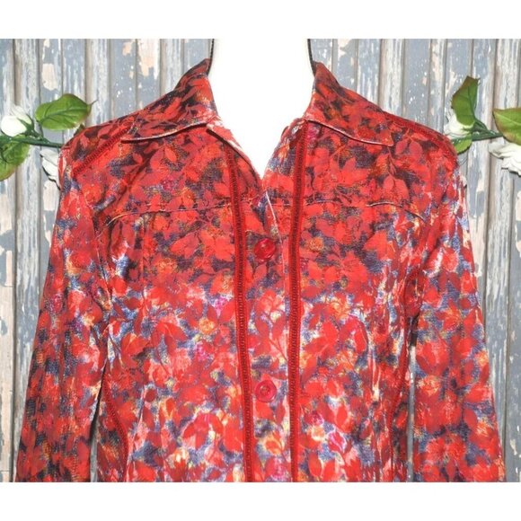 Reversible Ladies Red Floral Lightweight Jacket Size PS Button Up Casual Modest - Picture 8 of 11